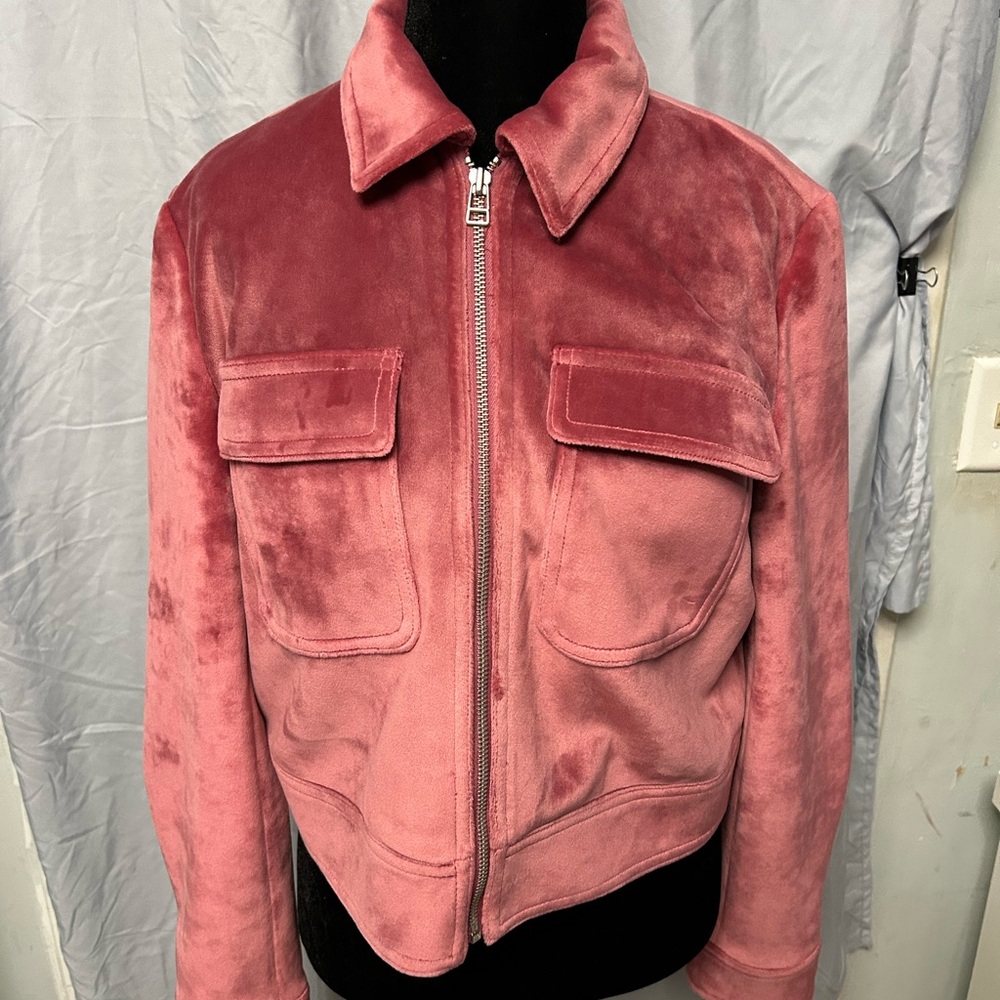 Nine West Plush Velvet Teddy Jacket in Deep Pink